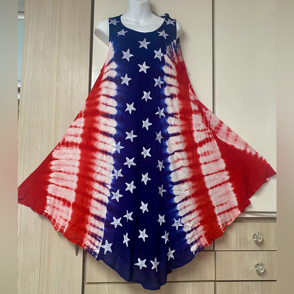American flag 100% rayon, handcrafted tie dye in India summer dress cove… - Picture 13 of 17